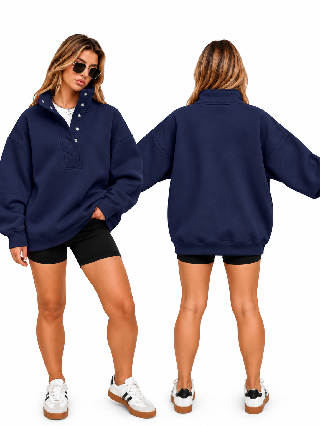 Tea Big Back Oversized Sweatshirts with Snap Button Henley Collar